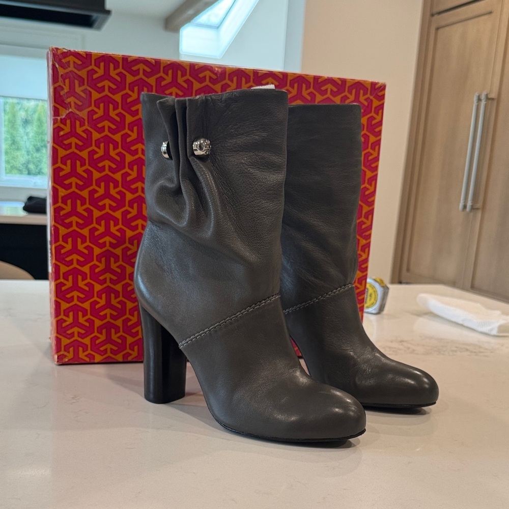 Tory Burch Charcoal Leather Mid-Calf Heeled Boots
